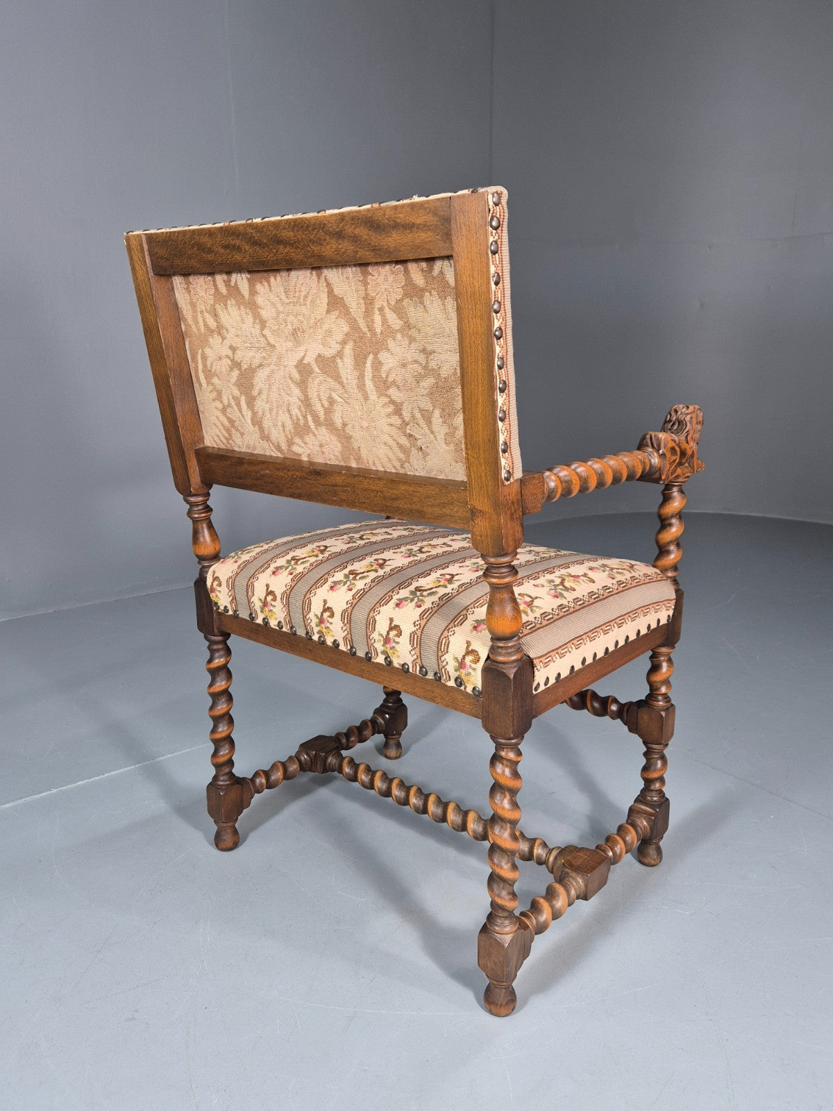 17th Century Style Carved Chair Lions Arms Barley Twist Frame 1960 EB10774 VCAR6