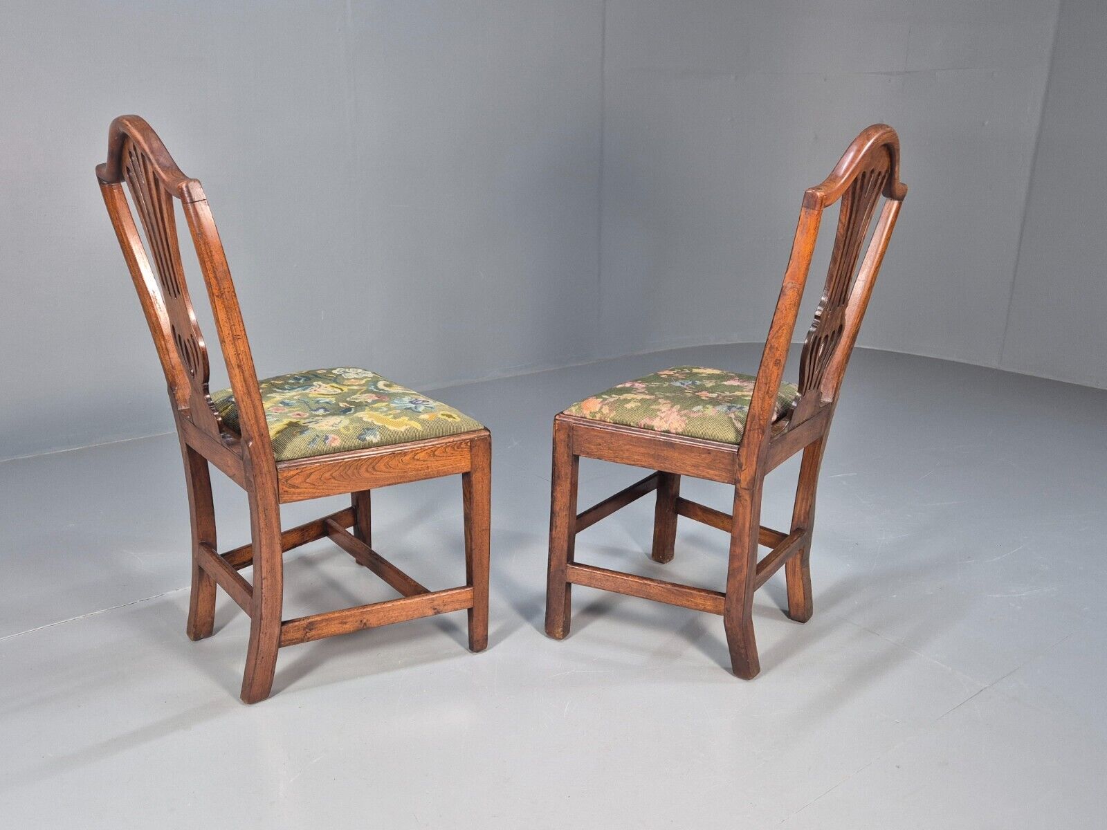 2 Vintage Oak Dining Chairs Green Floral Georgian Style Antique EB9084 VDIN - UKDK FURNITURE