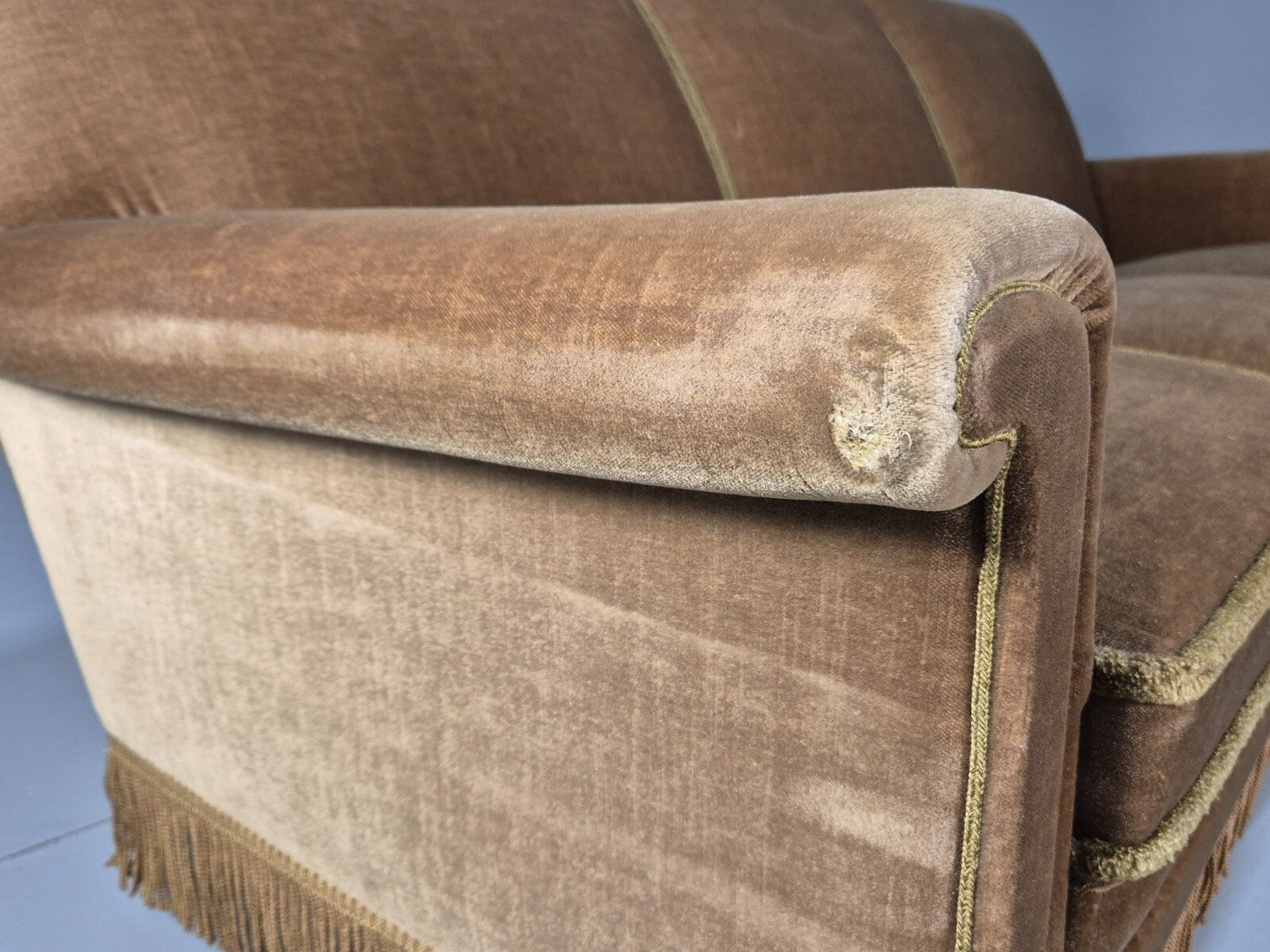 Vintage 3 Seater Sofa Green Velour Danish Mid Century Design Tassels EB9551 M3SS - UKDK FURNITURE