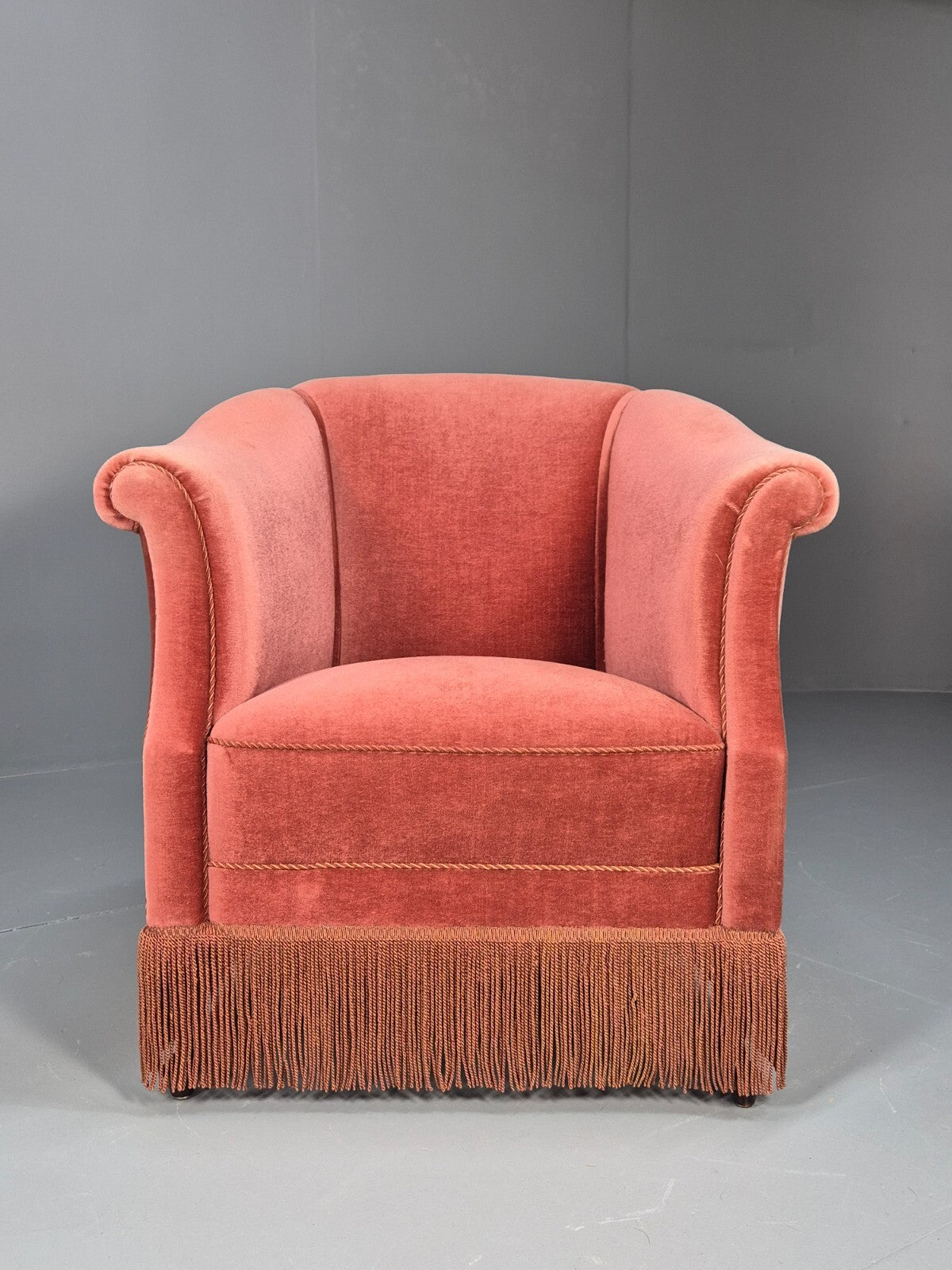 Vintage Danish Art Deco Tub Chair in Pink Velour with Tassels EB9650 VCLO - UKDK FURNITURE