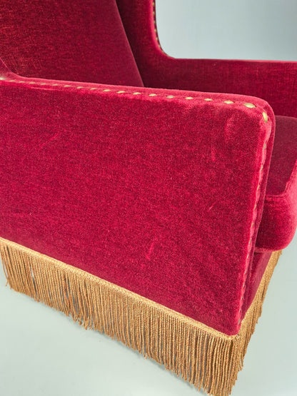 Vintage Danish Wingback Lounge Chair Red Velour Tassels 1940s Retro EB9614 VCLO - UKDK FURNITURE