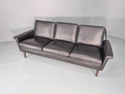 Vintage 1960s 3 Seat Sofa Danish Mid Century Design Black Leather EB10068 M3SS5