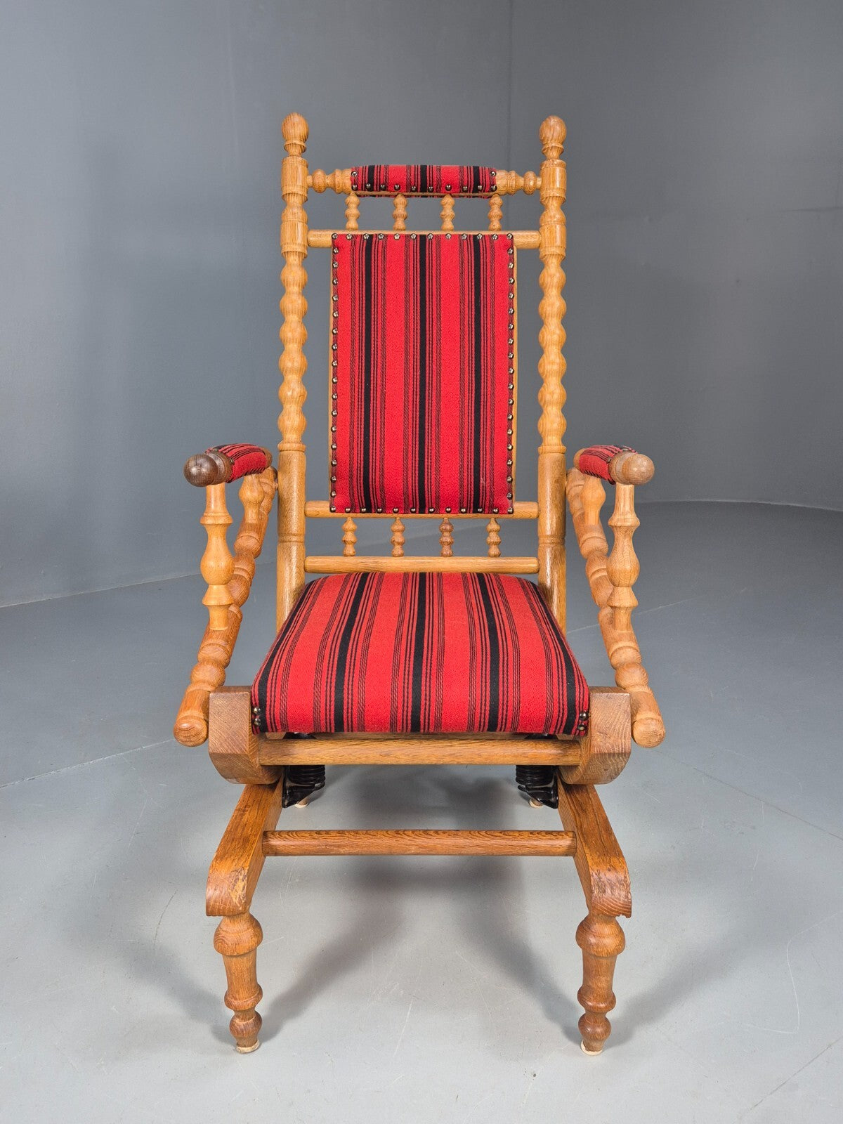 Vintage Danish Rocking Chair Oak Frame Red Stripe American Style EB9375 VCAR - UKDK FURNITURE