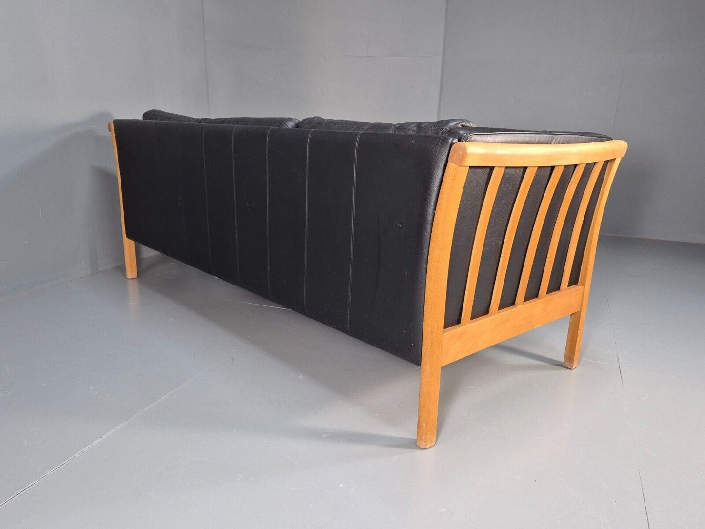 Vintage 3 Seat Sofa Black Leather Beech Ends Stouby Retro 1980s MCM EB8593 M3SS - UKDK FURNITURE