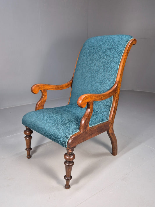 Antique Danish Oak Armchair Blue Pattern Fabric Vintage Design EB9625 VCLO - UKDK FURNITURE