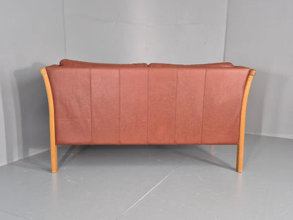 Vintage Stouby 2 Seat Sofa Reddy Brown Leather Beech Ends Retro EB10509 M2SS18