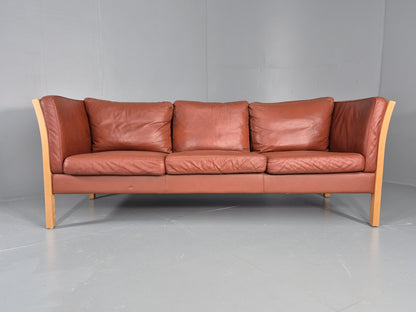 Vintage Stouby 3 Seat Sofa Reddy Brown Leather Beech Wood Slat EndsEB10525 M3SS5