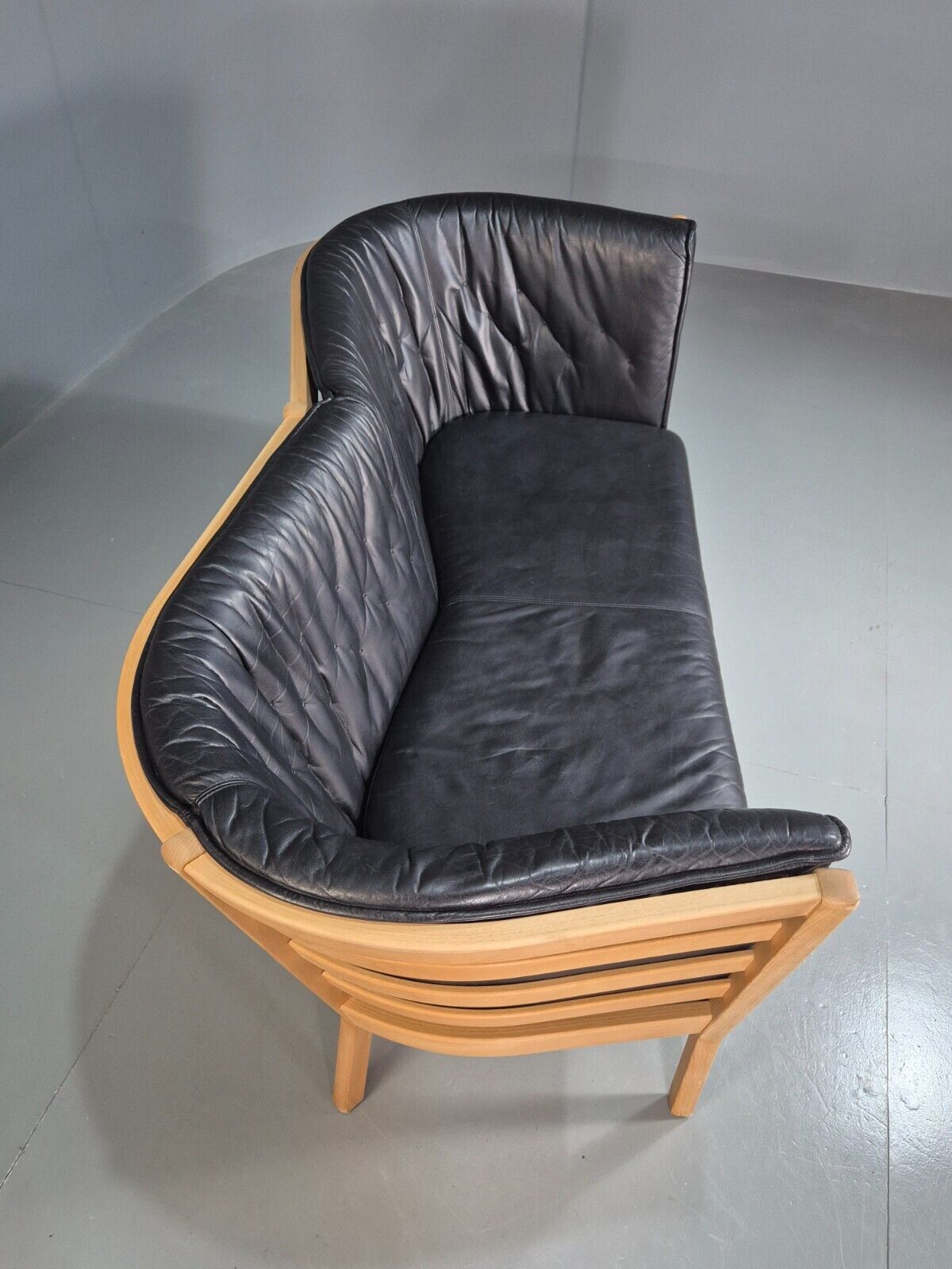 Vintage Danish 2 Seat Sofa Black Leather Beech Stouby Retro MCM EB7447 M2SS - UKDK FURNITURE