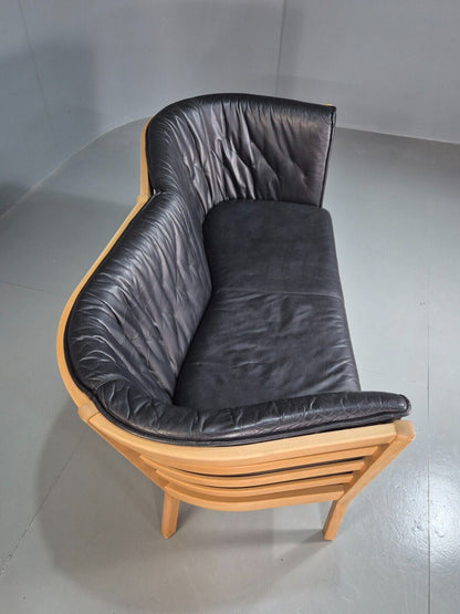 Vintage Danish 2 Seat Sofa Black Leather Beech Stouby Retro MCM EB7447 M2SS - UKDK FURNITURE