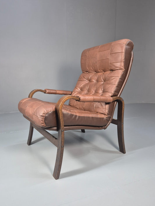 Vintage Danish Bentwood Lounge Chair Brown Leather Buttoned 1970s EB9486 MBEN - UKDK FURNITURE