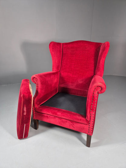Wing Back Lounge Chair Red Velour Danish 1960s Georgian Style EB10754 VCLO8