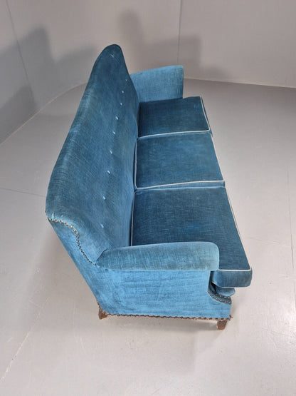Vintage Danish Mid Century Sofa Bright Blue Velour 1950s Retro MCM EB8934 V3SS - UKDK FURNITURE