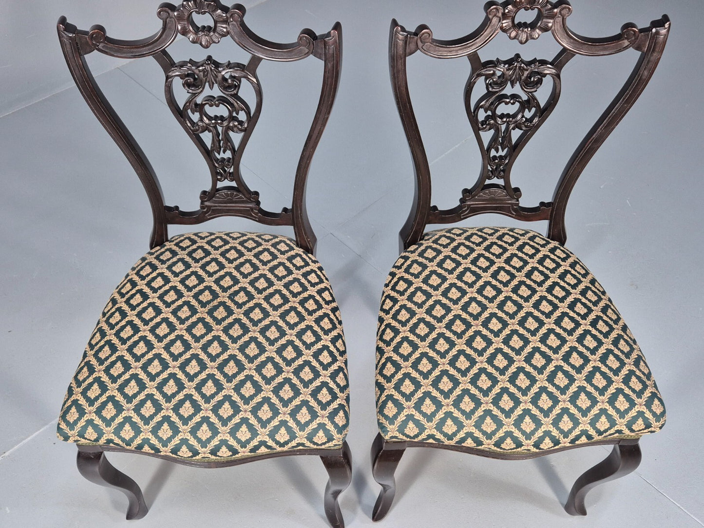 Vintage Royal Green Dining Chairs Pair Leaf Pattern Mahogany Frame EB9691 VDIN - UKDK FURNITURE