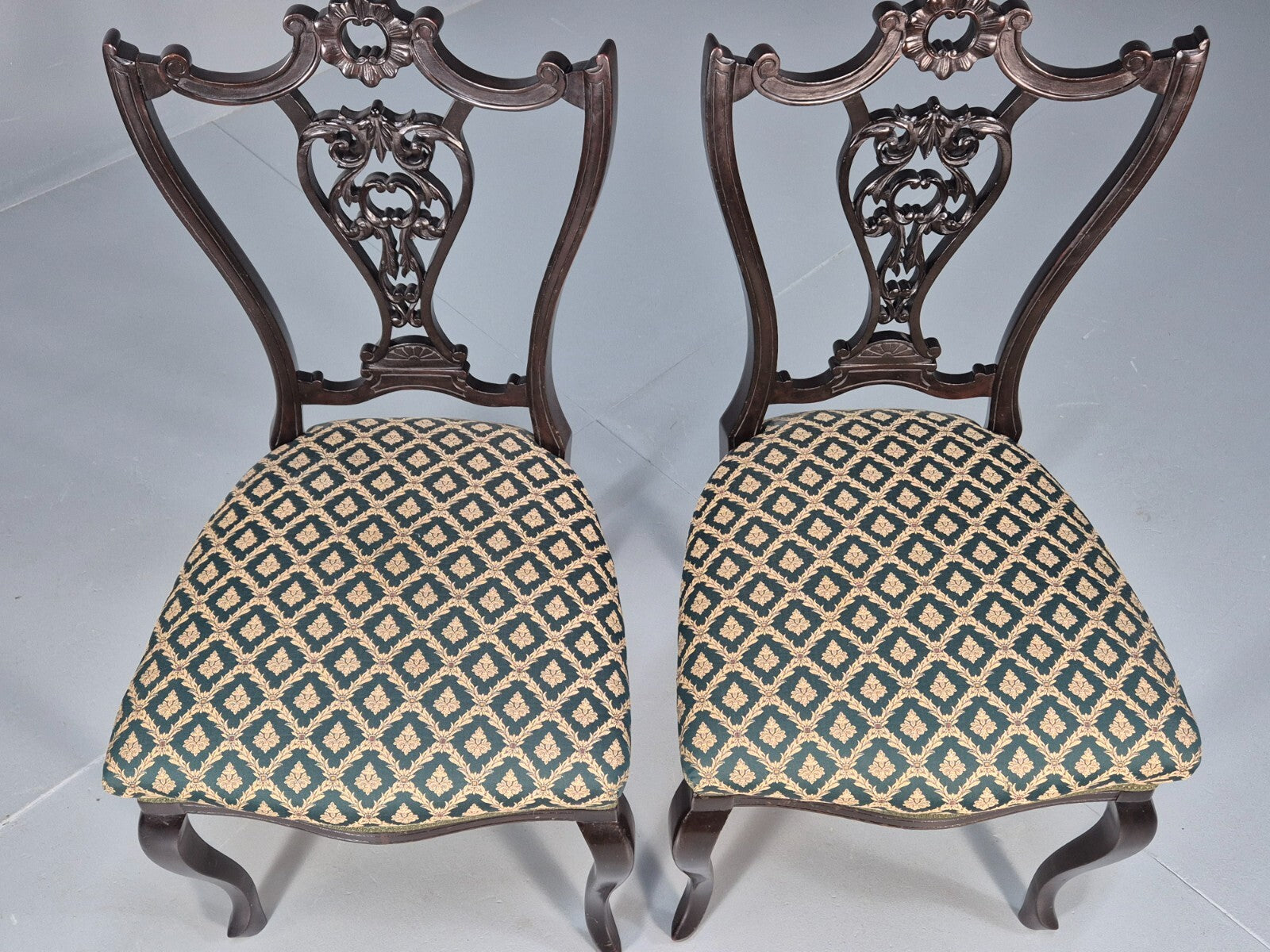 Vintage Royal Green Dining Chairs Pair Leaf Pattern Mahogany Frame EB9691 VDIN - UKDK FURNITURE