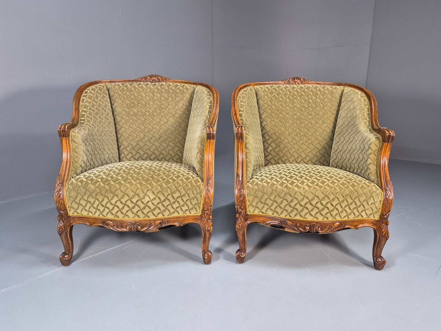 2 Antique Tub Chairs Oak Carved Frame Green Patterned Velvet 1920s EB10741 VCAR2