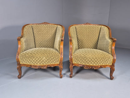 2 Antique Tub Chairs Oak Carved Frame Green Patterned Velvet 1920s EB10741 VCAR2