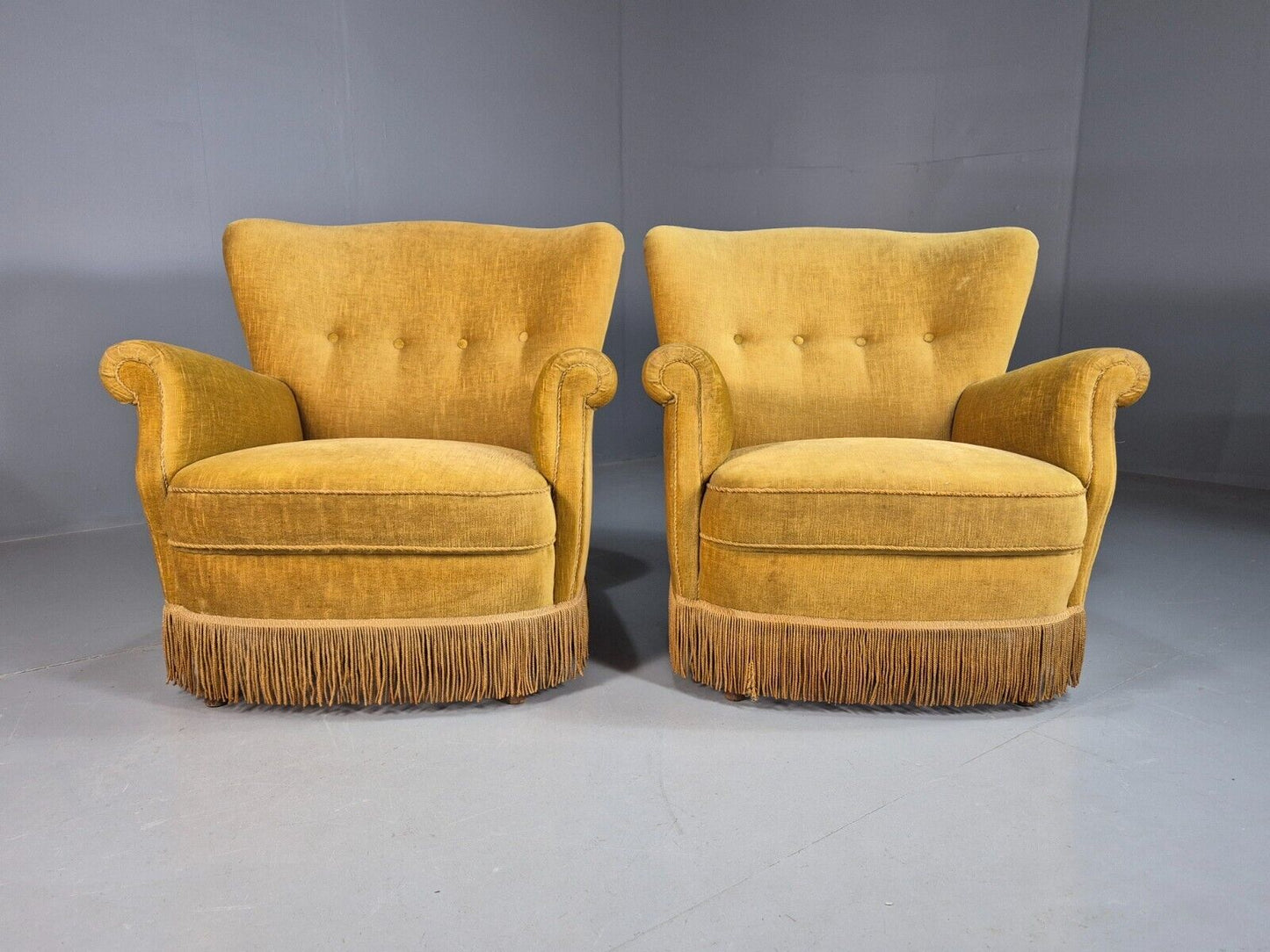 Pair Of Vintage Danish Gold Velour Armchairs Tassels Art Deco Style EB8068 VCLO - UKDK FURNITURE