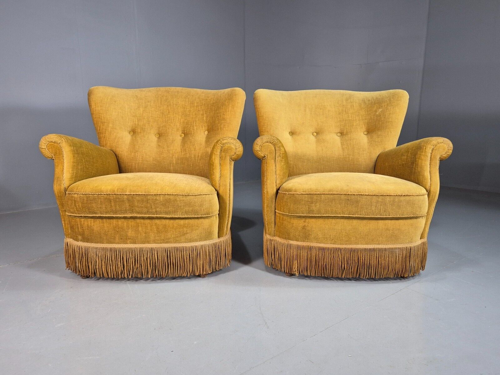 Pair Of Vintage Danish Gold Velour Armchairs Tassels Art Deco Style EB8068 VCLO - UKDK FURNITURE
