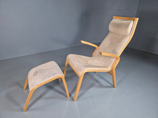 Vintage Danish Lounge Chair Footstool Faux Suede Bentwood MCM Retro EB7397 MNOR - UKDK FURNITURE