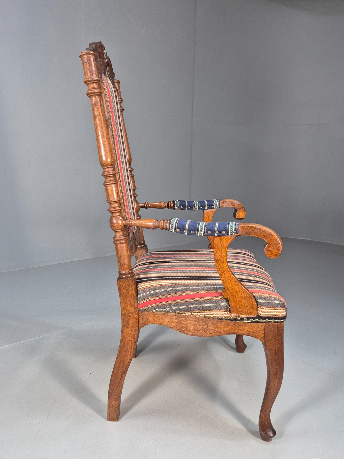 Vintage Danish Antique Armchair Early C20th Oak Frame Striped Wool EB8915 VCAR - UKDK FURNITURE
