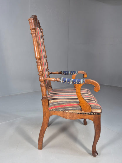 Vintage Danish Antique Armchair Early C20th Oak Frame Striped Wool EB8915 VCAR - UKDK FURNITURE