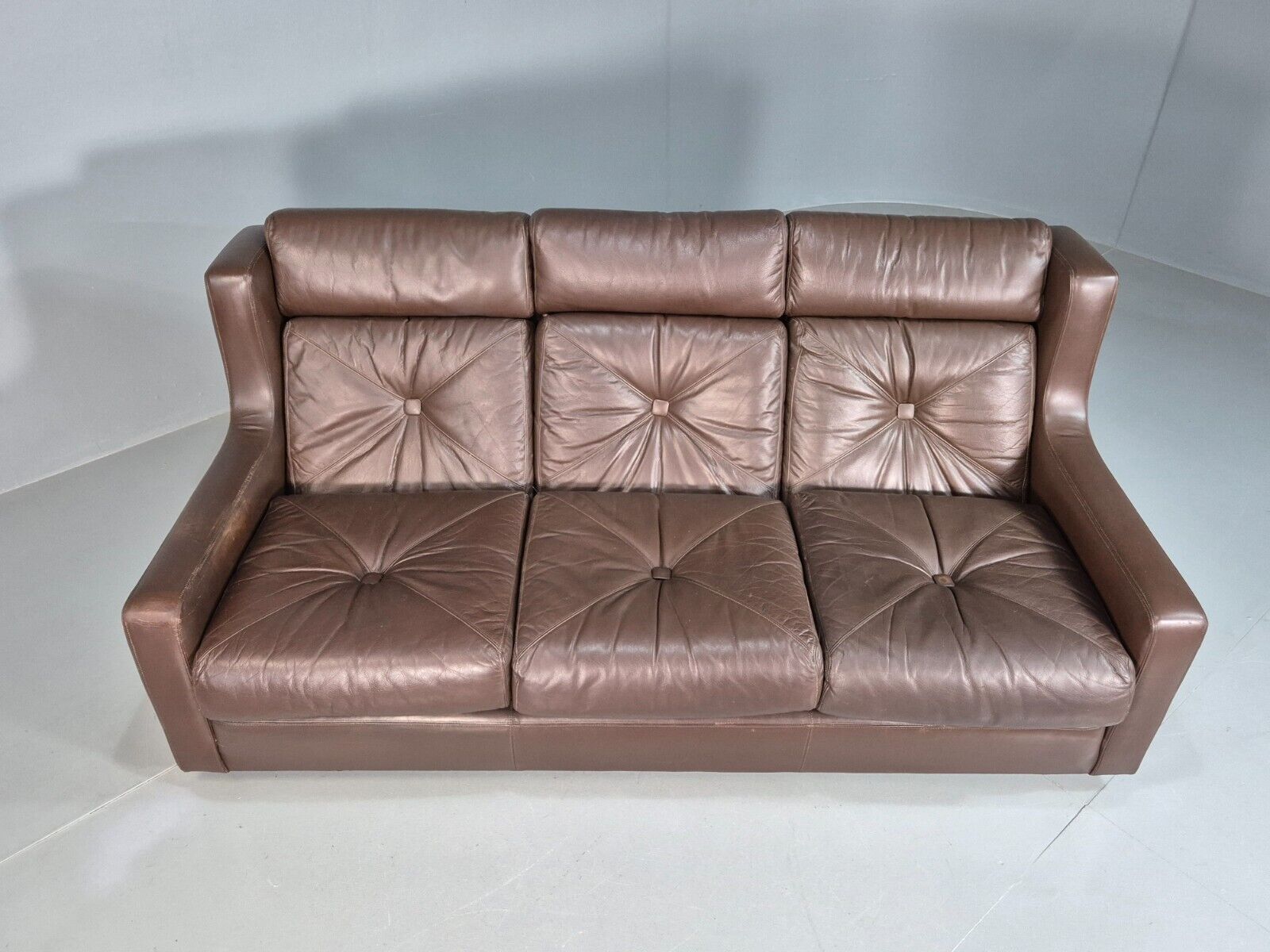 Vintage Danish 3 Seat Sofa Brown Leather Wing Back 1970s Retro MCM EB7977 M3SS - UKDK FURNITURE