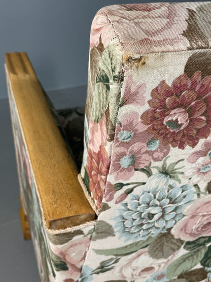 EB6654 2 Vintage Danish Lounge Chairs Floral Honey Oak Art Deco Antique VCLO - UKDK FURNITURE