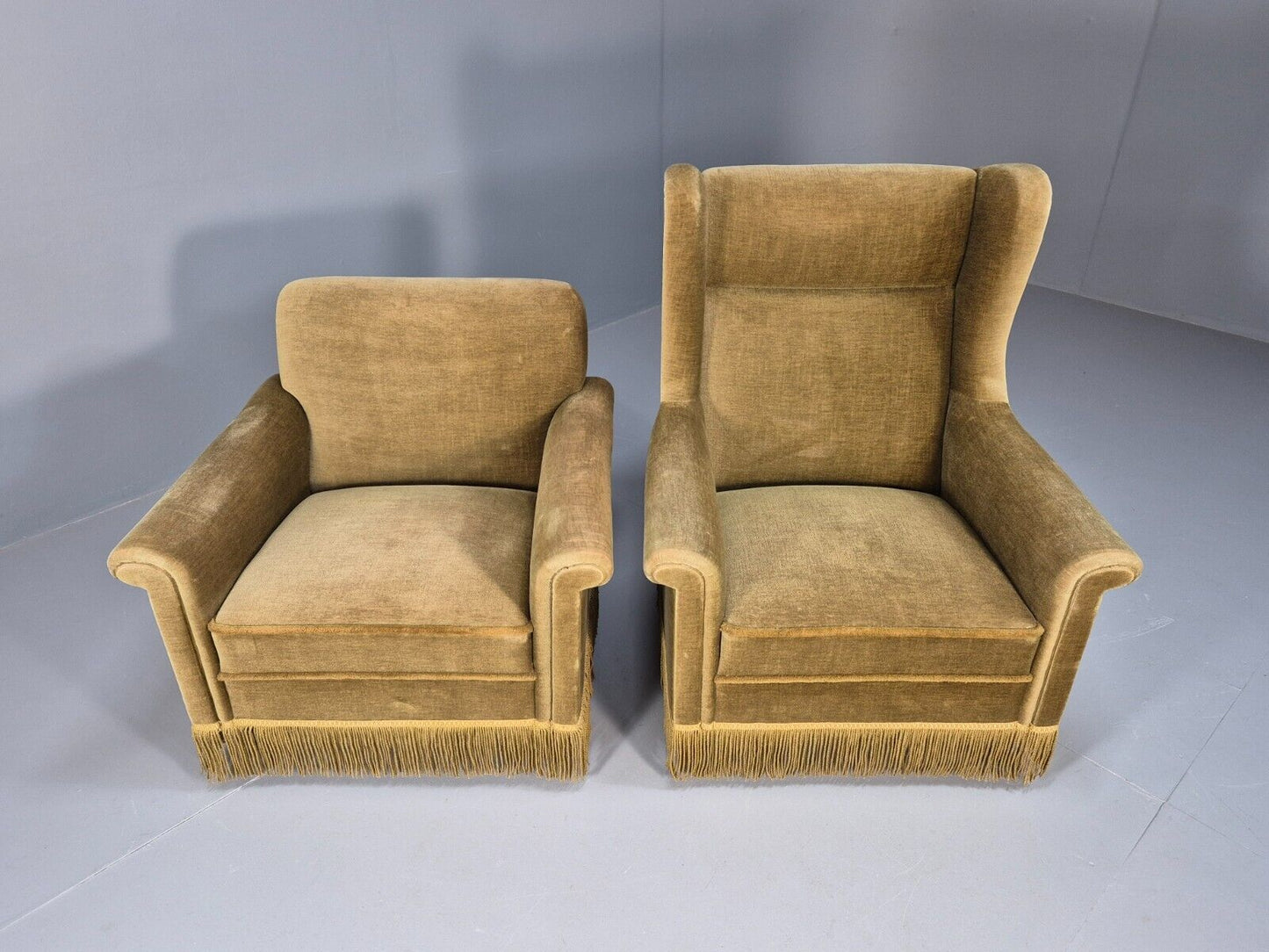 2 High and Low Back Danish Midcentury Chairs Green Velour Tassels EB8968 MNOR - UKDK FURNITURE