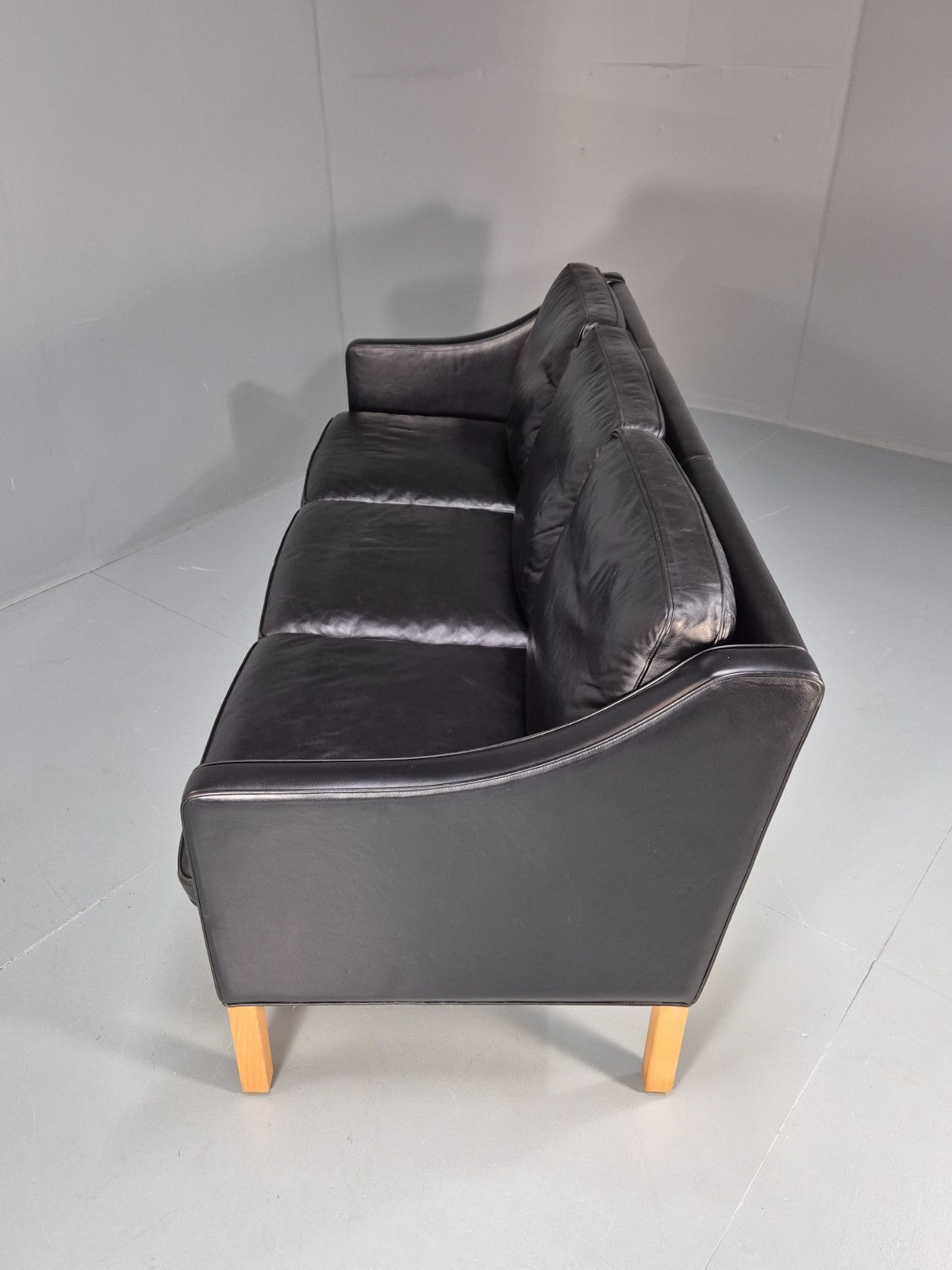 Vintage 3 Seater Leather Sofa Danish Mogensen Style Black 1980s EB10689 M3SS20