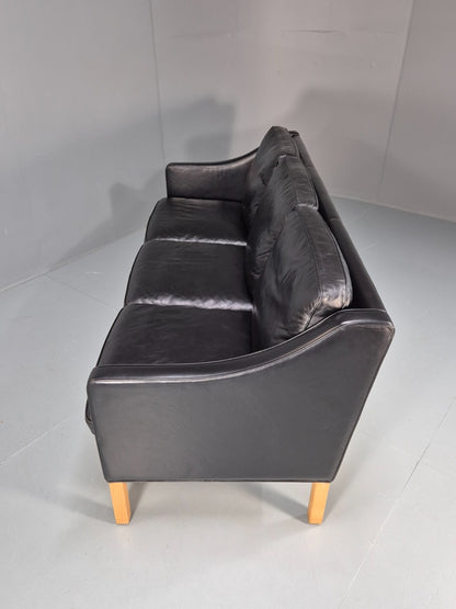 Vintage 3 Seater Leather Sofa Danish Mogensen Style Black 1980s EB10689 M3SS20