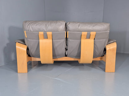 Two Seater Vintage Settee Bentwood and Grey Leather 1980s Retro MCM EB11390 M2SS15