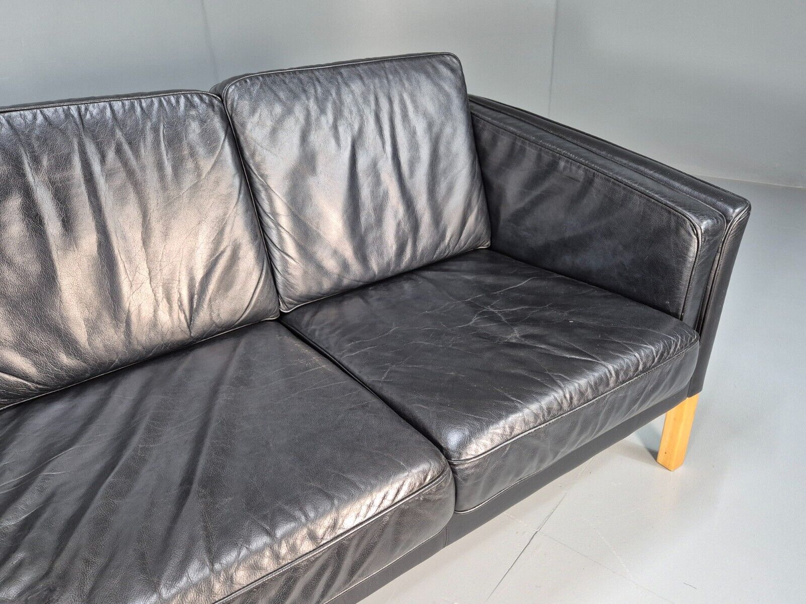 Vintage Danish 3 Seat Sofa Black Leather Straight back Arm Retro MCM EB8622 M3SS - UKDK FURNITURE