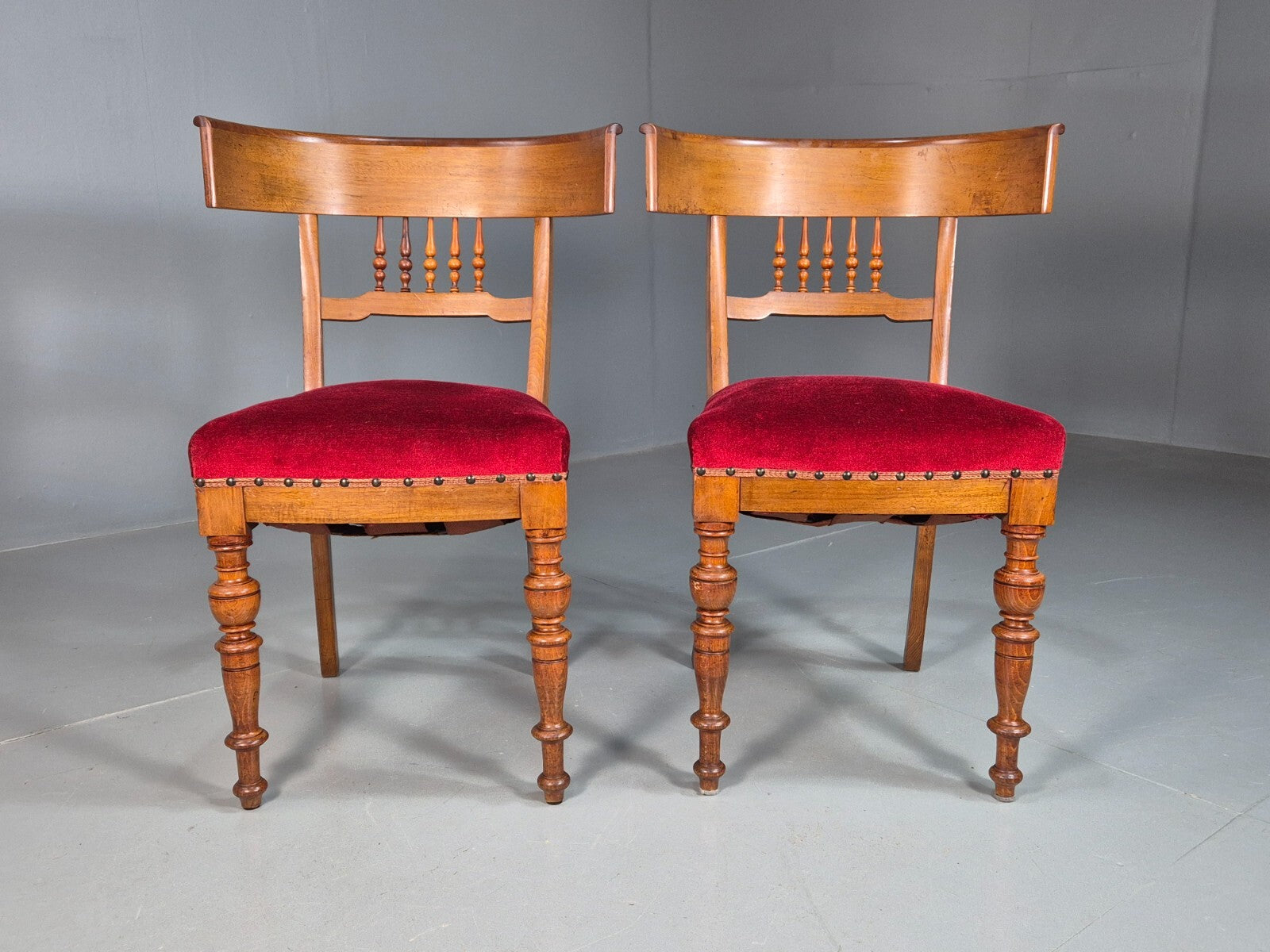 Pair Antique Danish Red Velvet And Mahogany Side Chairs Vintage EB8034 VCLO - UKDK FURNITURE