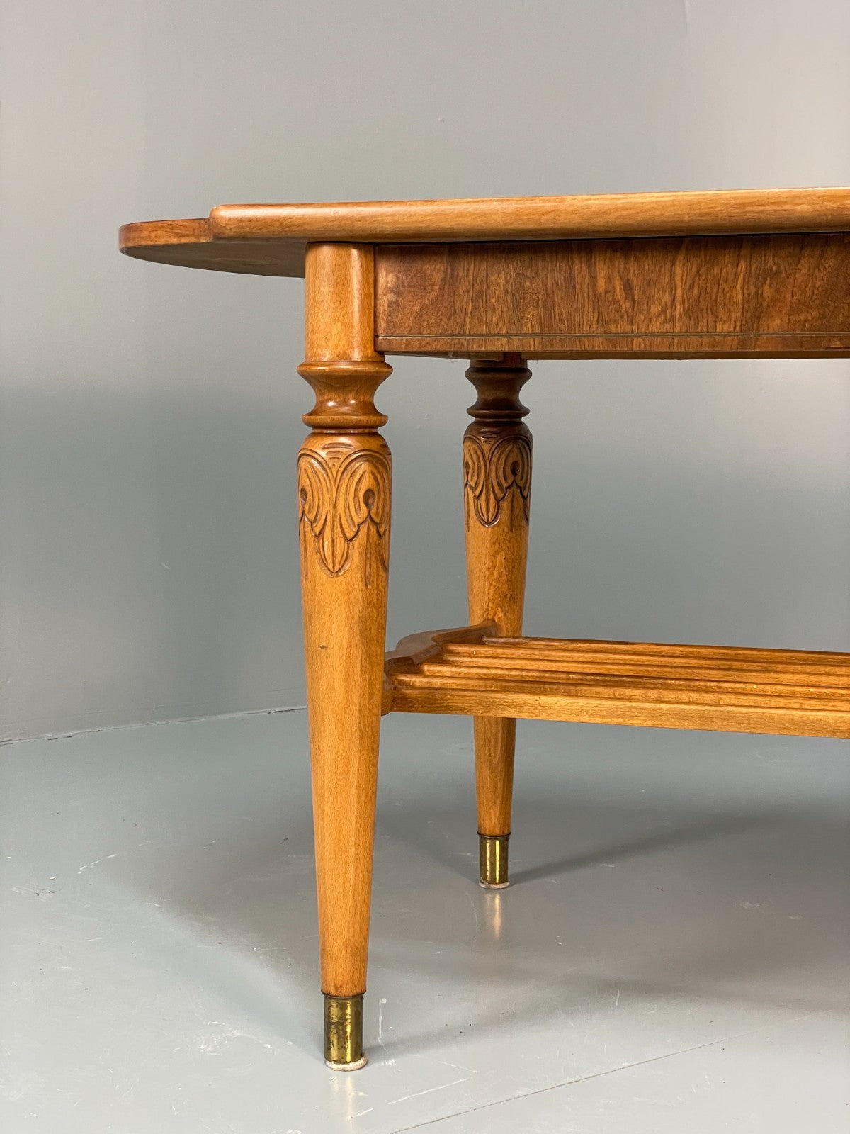 Vintage Walnut Coffee Table - Carved 1960s Magazine Rack Brass EB10874 MWOO3