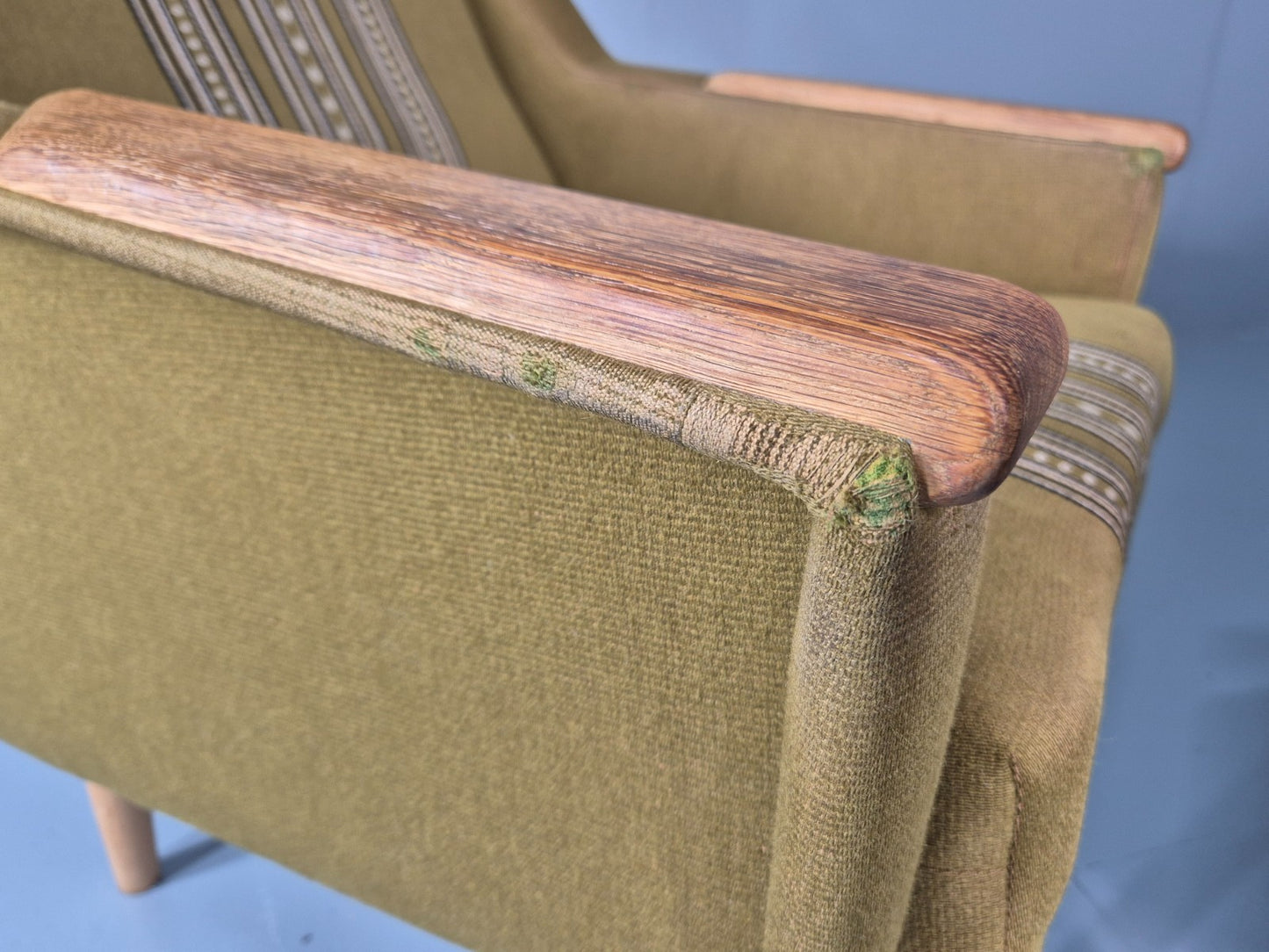 2 1970s Danish Lounge Chairs Green Wool Oak Details Retro Quality EB11408 MNOR15