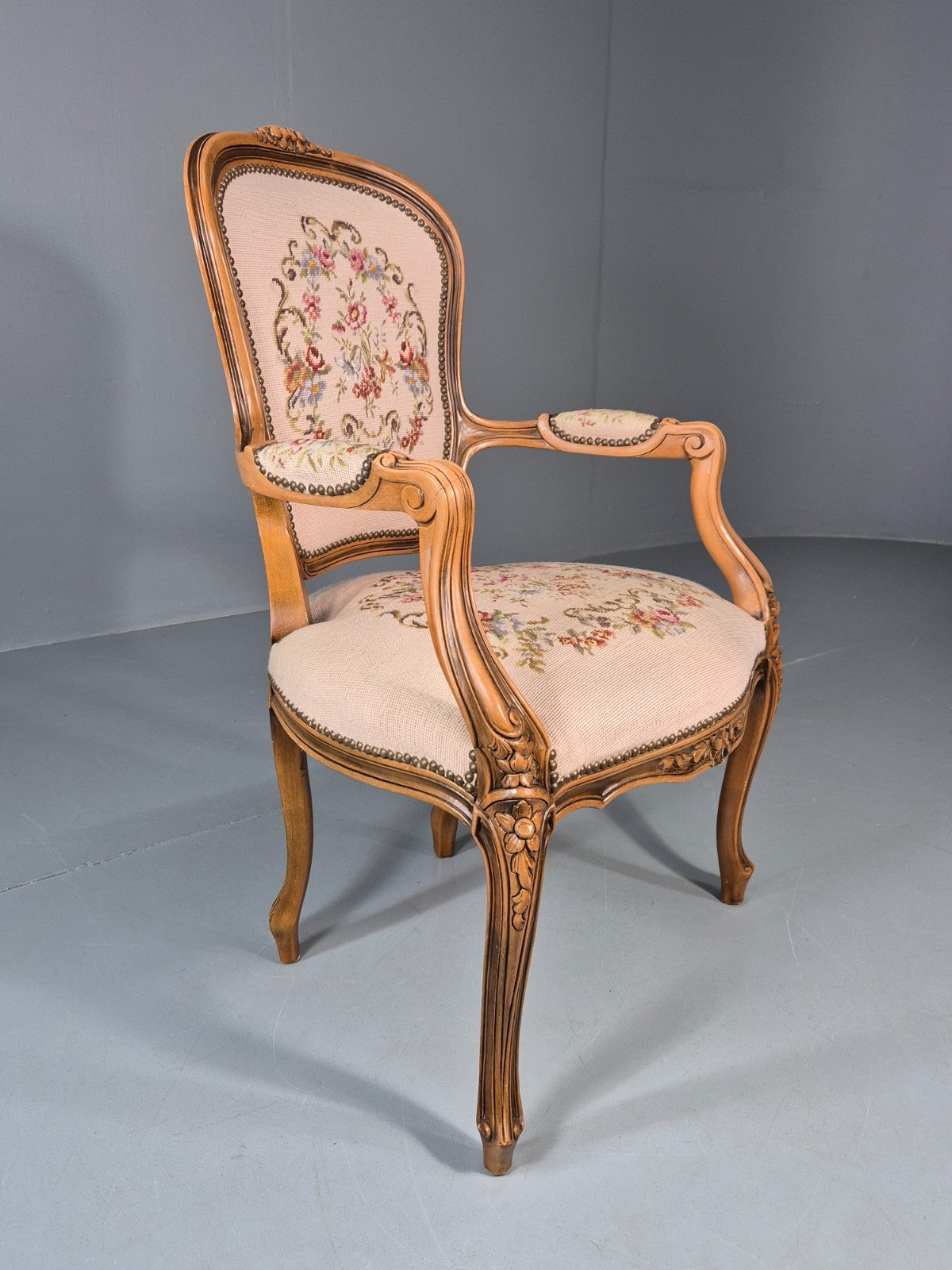 French Rococo Fauteuil Chair Floral Embroidered 1960s Retro EB10777 VDIN5
