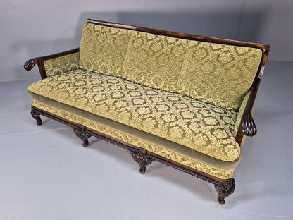 Antique Danish Baroque Style 3 Seat Sofa Green Moquette Carved Wood EB9636 V3SS - UKDK FURNITURE