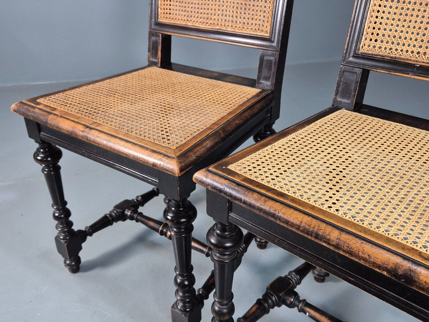 2 Vintage Dining Chairs Bergere Ebonised Aesthetic Movement Antique EB7975 VBER - UKDK FURNITURE