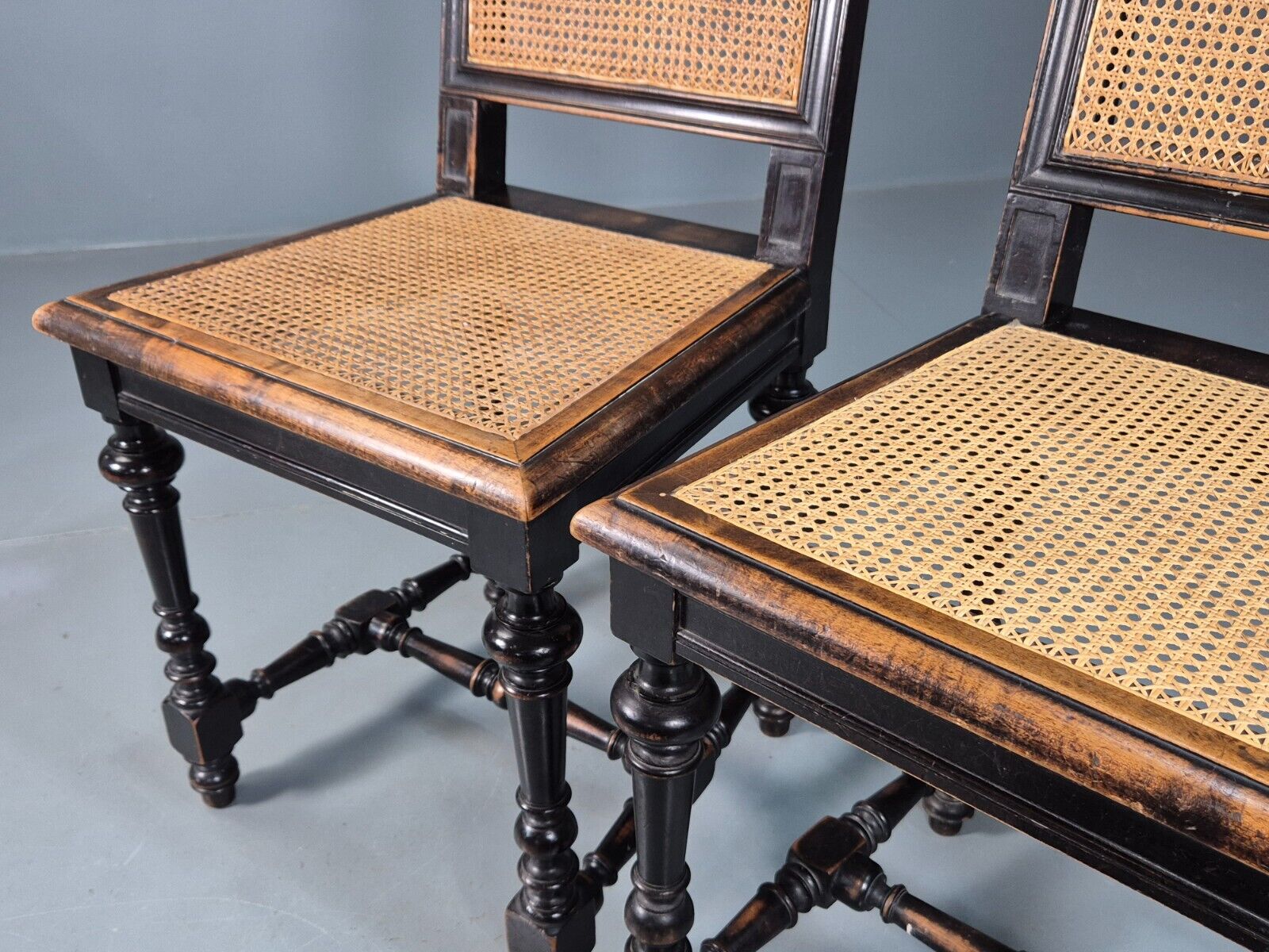 2 Vintage Dining Chairs Bergere Ebonised Aesthetic Movement Antique EB7975 VBER - UKDK FURNITURE