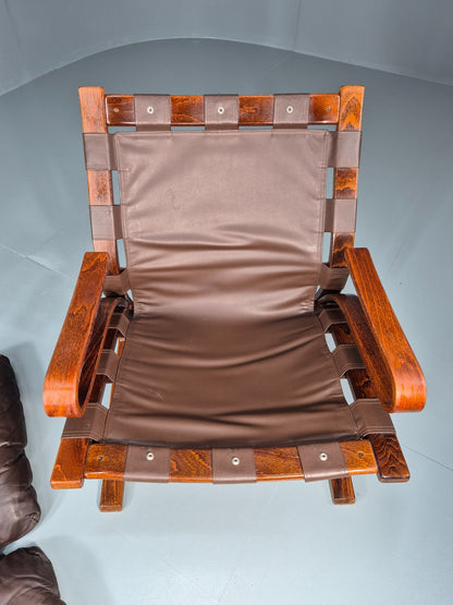 Vintage Skyline Lounge Chair Brown Leather 1970s Retro MCM Bentwood EB11326 MBEN16