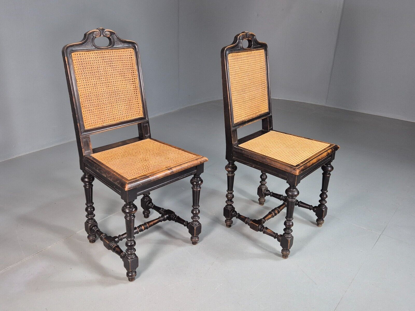 2 Vintage Dining Chairs Bergere Ebonised Aesthetic Movement Antique EB7975 VBER - UKDK FURNITURE