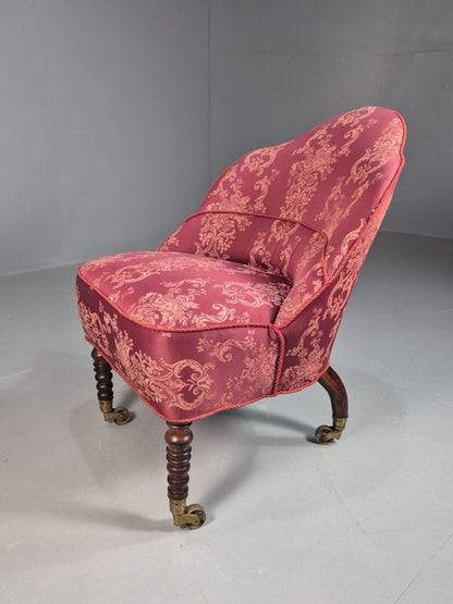 Antique Danish Occasional Chair Pink Satin Floral Motif Oak Brass EB8051 VCLO - UKDK FURNITURE