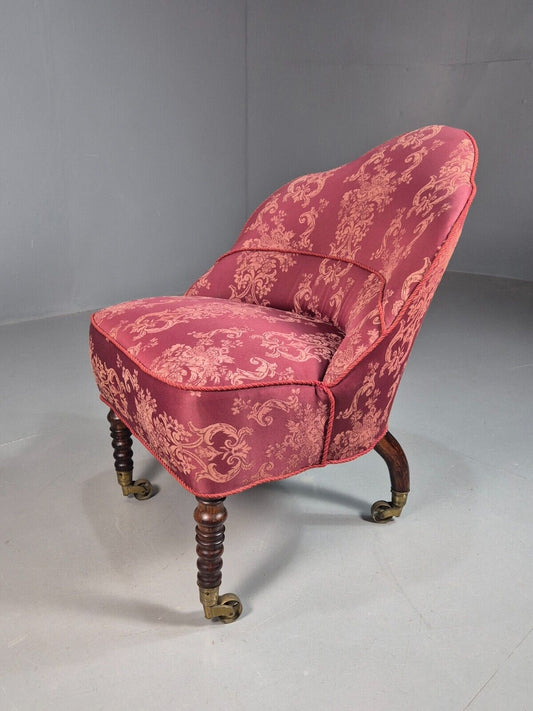 Antique Danish Occasional Chair Pink Satin Floral Motif Oak Brass EB8051 VCLO - UKDK FURNITURE