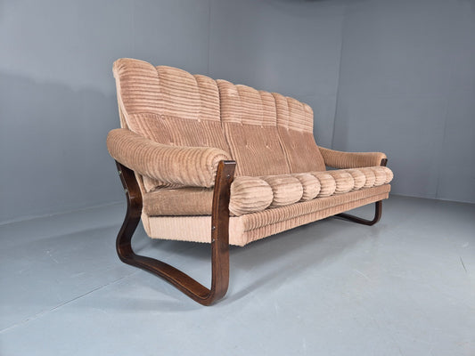 Vintage 3 Seat Sofa Beige Corduroy on Bentwood Base 1970s Retro MCM EB11646 M3SS1