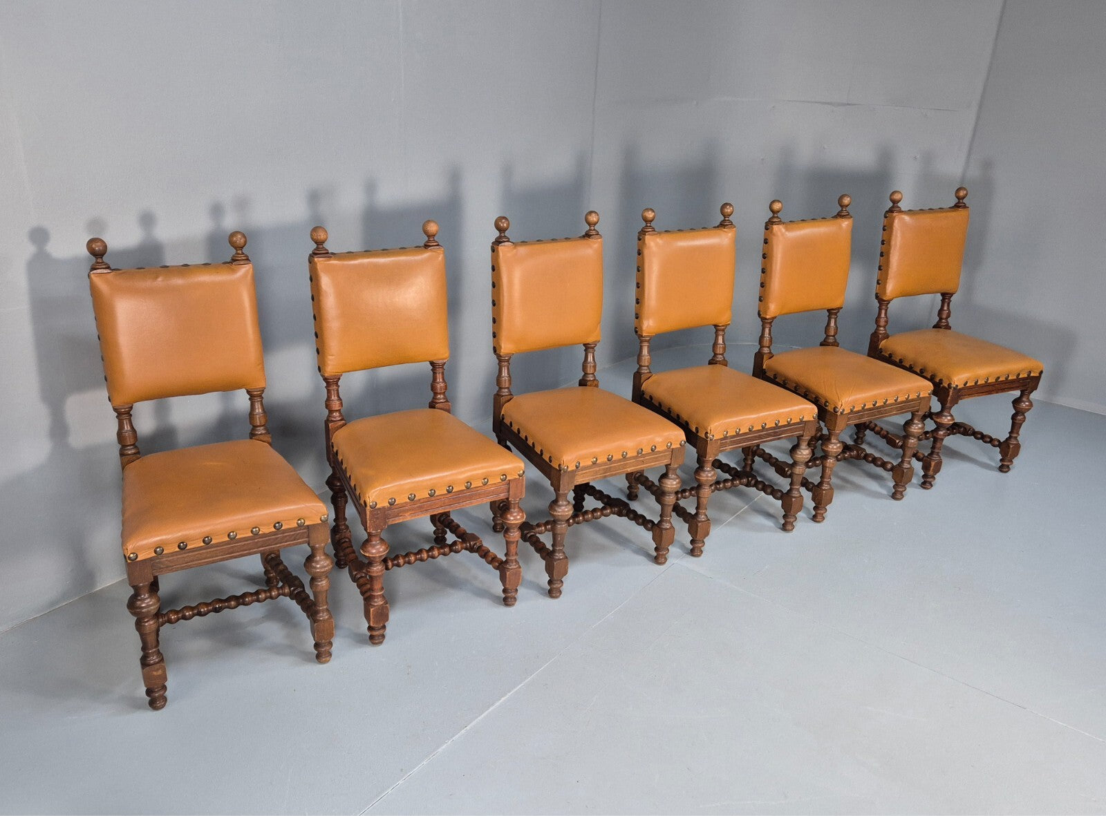 6 Vintage Danish Baroque Style Dining Chairs Oak and Tan Leather EB9649 VDIN - UKDK FURNITURE