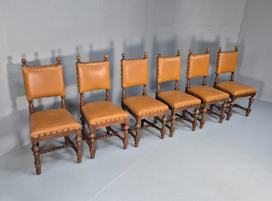 6 Vintage Danish Baroque Style Dining Chairs Oak and Tan Leather EB9649 VDIN - UKDK FURNITURE