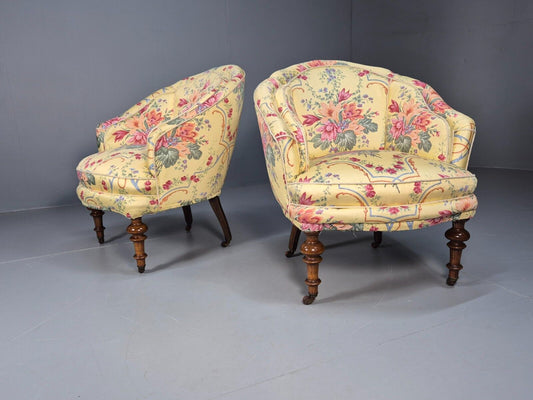 Pair Vintage Danish Floral Print Antique Tub Chairs Walnut Legs EB9012 VCLO - UKDK FURNITURE