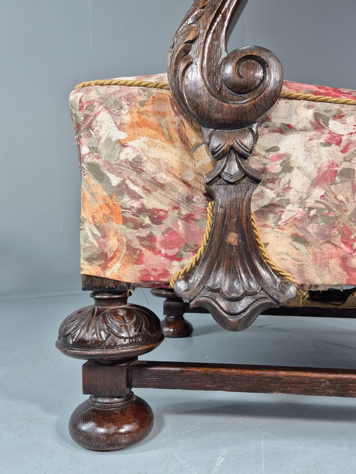 Vintage Carved Oak Chair Floral Fabric 1940s Traditional Curved EB10752 VCAR14