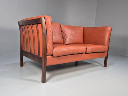 Mid Century 2 Seater Sofa Stouby Red Brown Leather Beech End Retro  EB10060 M2SS1