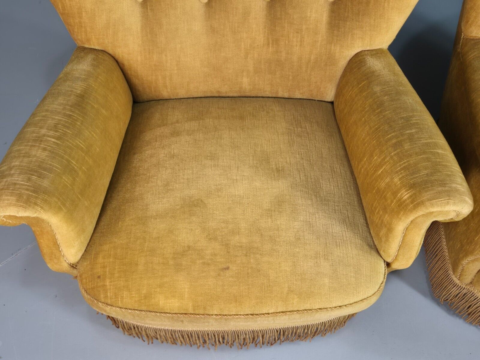Pair Of Vintage Danish Gold Velour Armchairs Tassels Art Deco Style EB8068 VCLO - UKDK FURNITURE